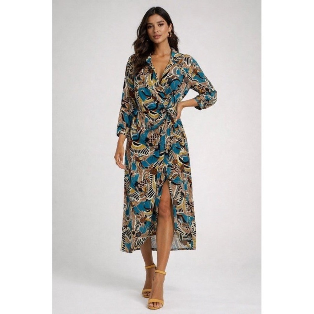 NWT TEREA Raina Faux Wrap Tropical Maxi Dress Blue Tan XL